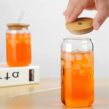 Clear Glass Tumbler with Bamboo Lid & Glass Straw | 550 ML & 600 ML Glass Cup With Lid and Straw